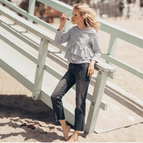 Sincerely Jules pinstripe ruffle front Victoria blouse size medium - Picture 5 of 13